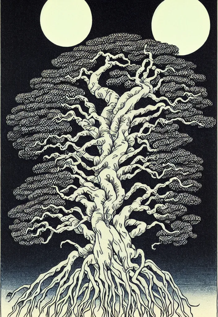 Prompt: prompt: magical white skeleton Bonsai tree squid creature roots merging into big moon drawn by Rene Magritte, Japanese woodblock print style, clean ink detailed line drawing, intricate detail, manga 1980