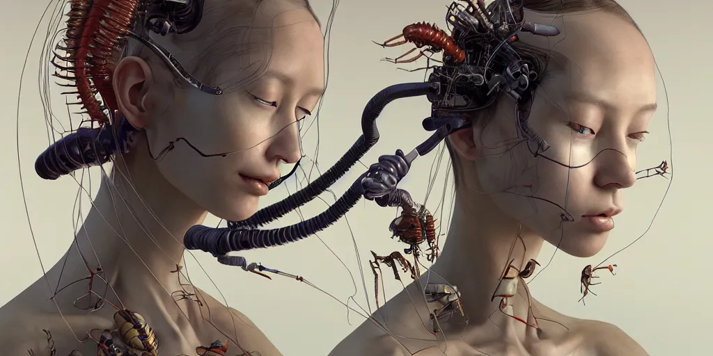 Image similar to hyperrealistic photography of a gorgeous female scientist constructing an insect - making machine in the style of jin kagetsu, james jean, chris cunningham, hans bellmer and wlop, highly detailed, face symmetry, masterpiece, award - winning, sharp focus, intricate concept art, ambient lighting, 8 k, artstation