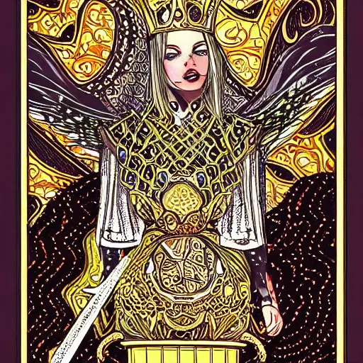 Image similar to tarot card style, lady luck on a tower, scales, sword, digital illustration, intricate, highly detailed, elegant, full color, cinematic lighting