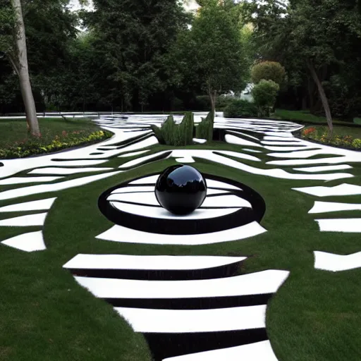 Image similar to : sculpture garden with black spheres carved with white patterns