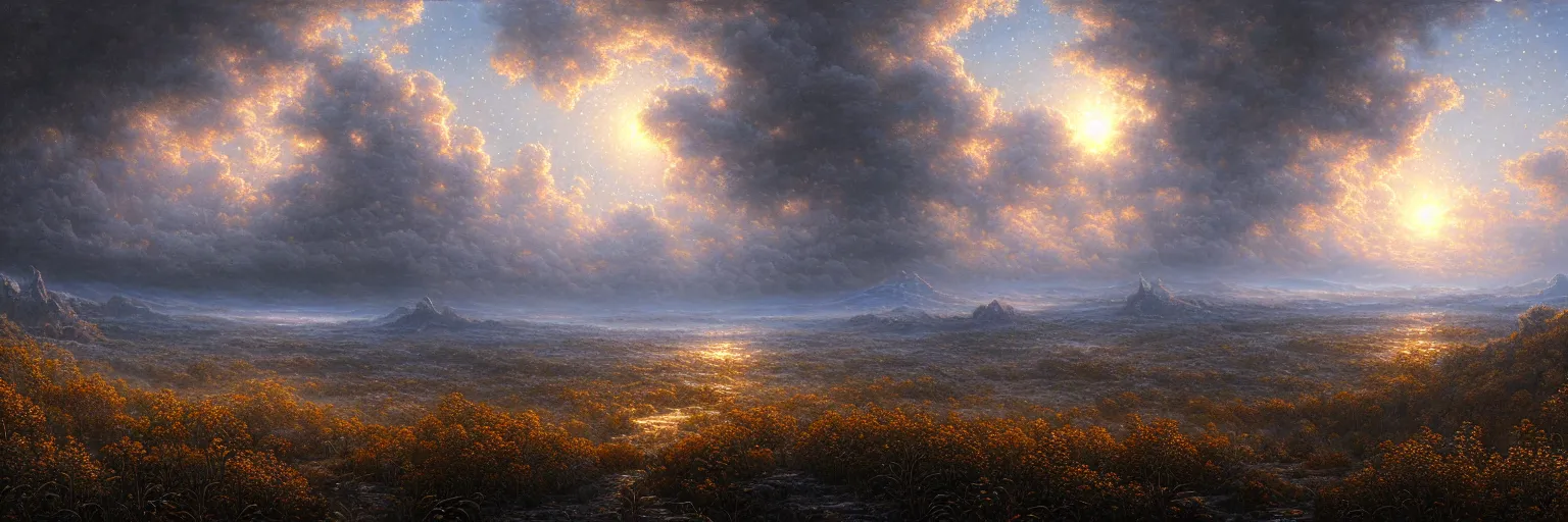 Image similar to ultra realist intricate detailed landscape painting of the end of the world, very intricate details, bokeh focus, 8 k render, by les edwards, award winning