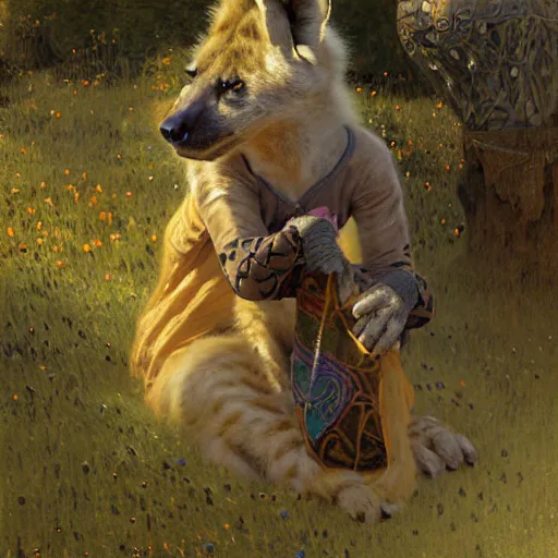 Image similar to a field with a female hyena hyenawoman canine in wizard robes. zootopia fursona furaffinity furry art detailed face painting by gaston bussiere craig mullins jc leyendecker gustav klimt artgerm greg rutkowski furry