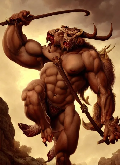 Prompt: painting of the monstrous minotaur, d & d, gruesome, classical, fantasy, intricate, highly detailed, digital painting, artstation, concept art, smooth, sharp focus, illustration, art by artgerm and michelangelo and nicolas poussin