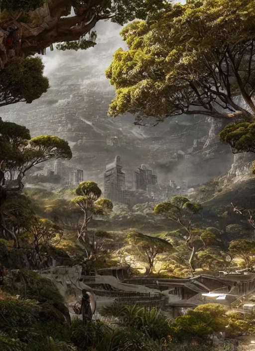 Image similar to chtulu attacking cape town city, table mountain, dense foliage beautiful details, strong composition by kim jung giu weta studio rutkowski, james gurney and greg rutkowski, and lucasfilm