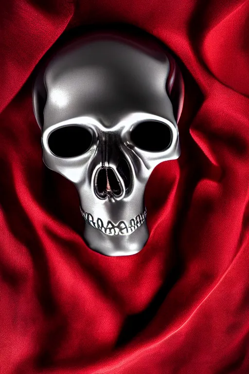 Image similar to chrome one eyed cyclop cracked skull statue layed on a red silk fabric, by hedi xandt and antonio corradini, macabre art, dark surrealism, epic and cinematic view, volummetric light, texturized, detailed, 8 k