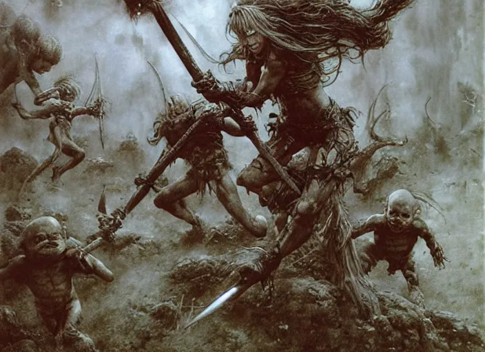 Prompt: bald barbarian girl fighting small cute goblins by Luis Royo and Beksinski