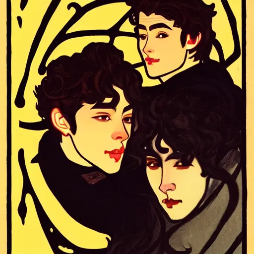 Image similar to painting of young cute handsome beautiful dark medium wavy hair man in his 2 0 s named shadow taehyung and cute handsome beautiful min - jun together at the halloween jack o lantern party, melancholy, autumn colors, elegant, painting, stylized, witchcraft, gorgeous eyes, soft facial features, delicate facial features, art by alphonse mucha, vincent van gogh, egon schiele