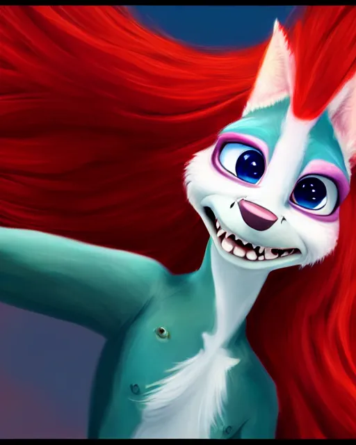 Prompt: digital painting full body of anthromorphic scalie female shark, red hair, in style of zootopia, female fursona, furry, furaffinity, 4 k, deviantart, furry art, fursona art, shark fursona, female, very expressive detailed feminine face,