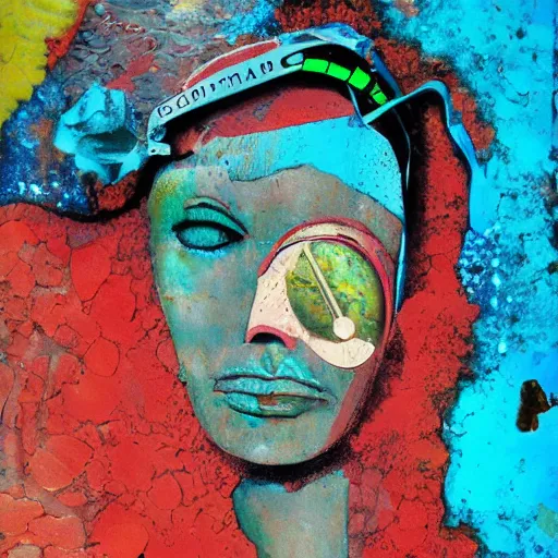 Prompt: rocky sea floor vibrant glimmering thin contours mixed media aged fresco, abandoned scuba visor, james jean