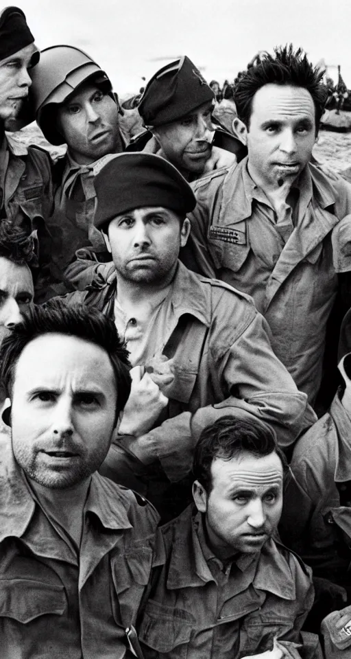 Image similar to charlie day, rob mcelhenney, glenn howerton, kaitlin olson, and danny devito are storming the beaches of normandy, 1 9 4 5, black and white, horrorscape