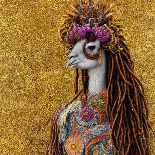 Image similar to llama with dreadlocks, by mandy jurgens, ernst haeckel, james jean. in the style of gustav klimt