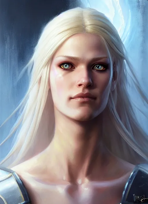 Prompt: a _ fantasy _ style _ portrait _ painting _ of white female paladin with blonde hair and blue eyes shy, scar under left eye, holy oil _ painting _ unreal _ 5 _ daz. _ rpg _ portrait _ extremely _ detailed _ artgerm _ greg _ rutkowski _ greg