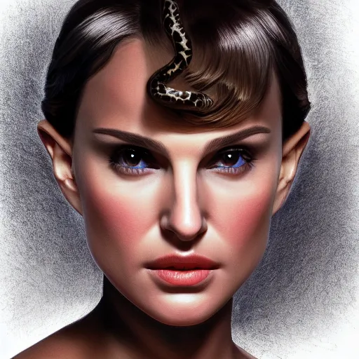 Prompt: Natalie Portman mixed with a snake, very detailed, ultrarealistic, dramatic lighting, electrical details, high details, 4k, 8k, best, accurate, trending on artstation, fur, artstation, photorealism, ultrarealistic, digital painting, style of frank frazetta