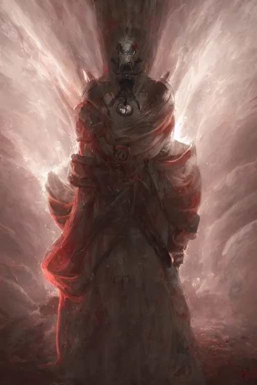 Prompt: a samurai cloaked in white armor, standing under a beam of light inside a dark cave, ruby red sorrow, high quality, ultra detail, by Peter Mohrbacher and Peter Gric