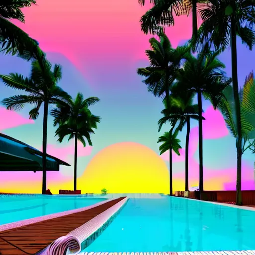 Image similar to motel, swimmingpool, sunset, palms, beach, sunset, vaporwave, pink, blue, green, purple, bryce 3 d style.