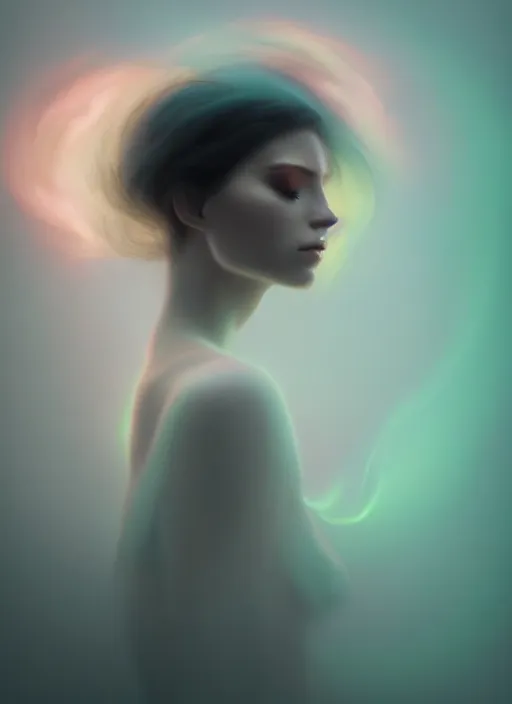Prompt: an ethereal, misty portrait of a woman whose face is accented with neon - toned glowing eyeliner. the makeup floats off her face and joins swirling clouds of smoke and fog, becoming an aurora. muted tones. surreal portrait, cinematic lighting, 8 k, smooth, sharp focus, digital painting, rendered in octane, painted by tom bagshaw, artgerm