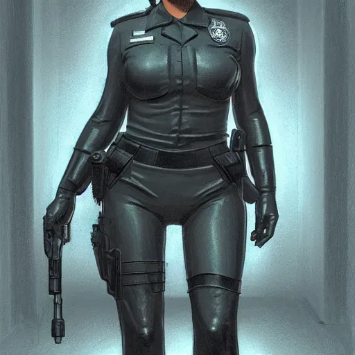 Image similar to kim kardashian as a cop, police uniform, full body view, full pov, haunted house interior, pretty, aesthetic, dust molecules, matte detailed photo, DeviantArt, Artstation, by donato giancola, ralph horley, loish, cinematic lighting