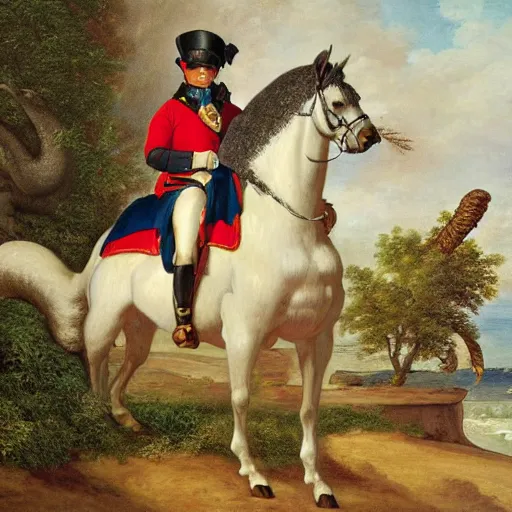 Image similar to a giant squirrel carrying napoleon bonaparte on its back, beach scene with flowers and foliage, detailed oil painting