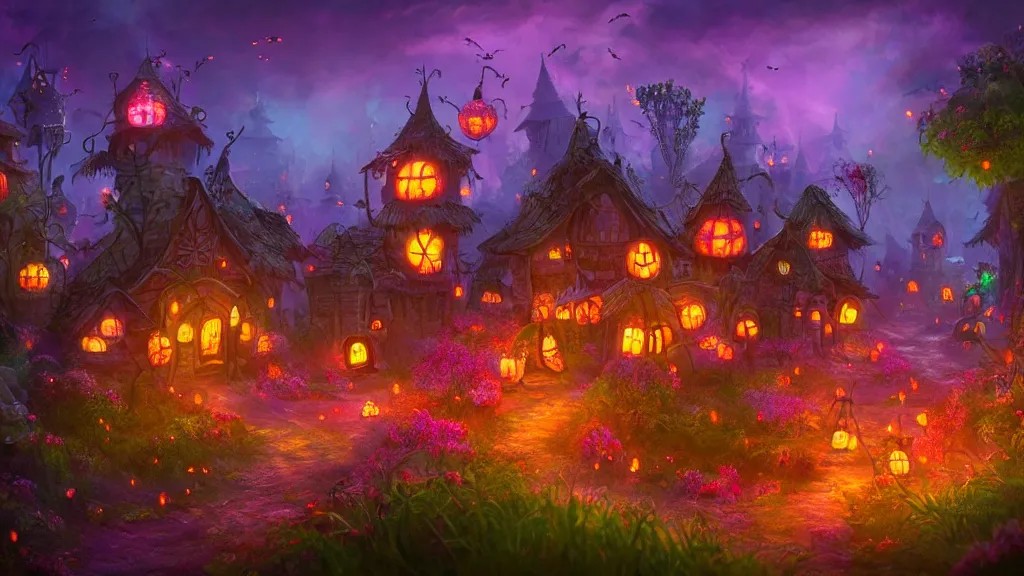 Image similar to village made out of candy, cinematic scene, studio lighting, colorful, fantasy, intricate, forest, fireflies, flowers, halloween, fairytale, ( visually stunning, matte painting, concept art, medium shot, trending on artstation )