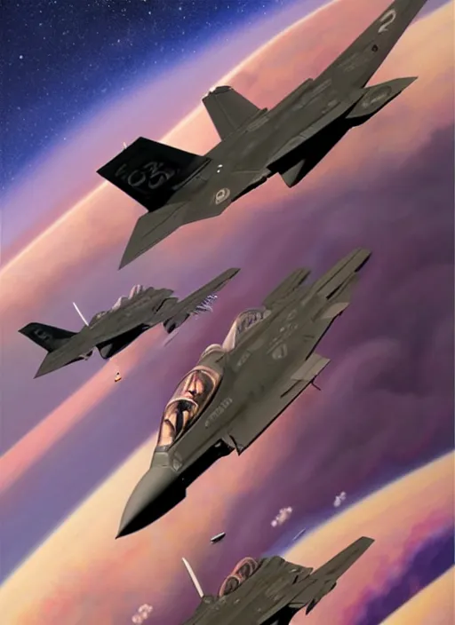 Image similar to poster artwork by michael whelan and tomer hanuka, a portrait, f 3 5 jets dogfighting in the clouds of jupiter, clean