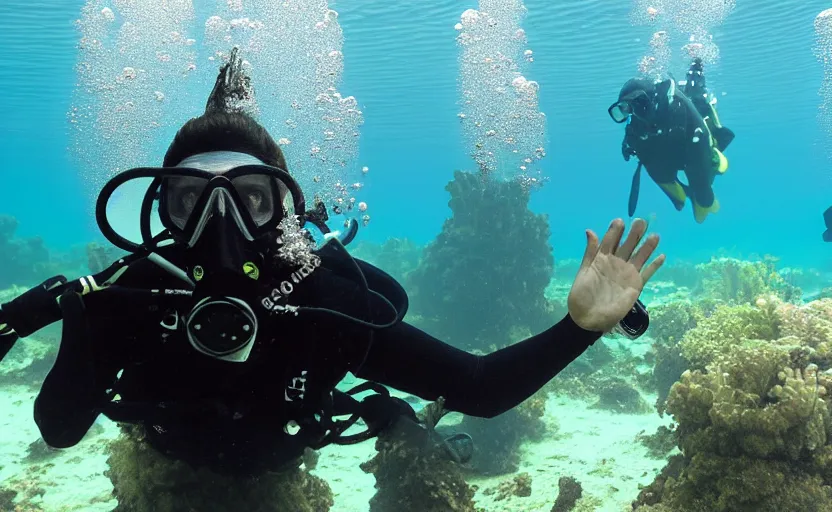 Prompt: scuba diver wearing a gasmask underwater