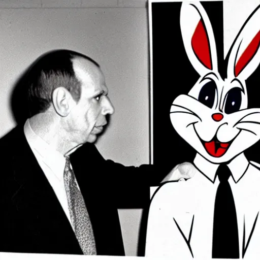 Image similar to bugs bunny as lee harvey oswald getting a mugshot taken