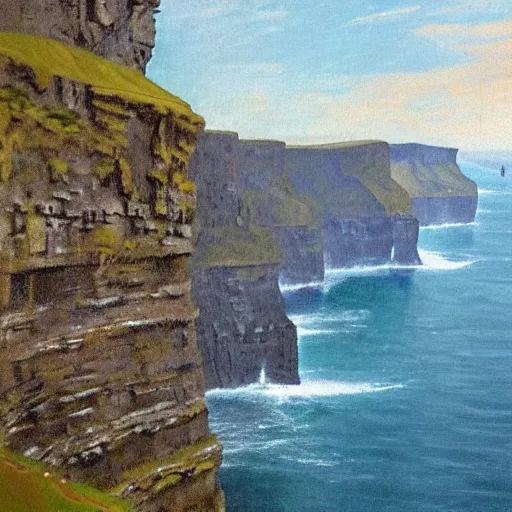 Image similar to portrait of william sheen by davinci watching over the cliffs of moher, high definition, golden ratio