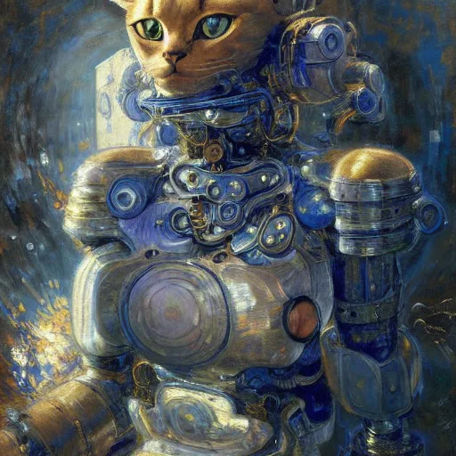 Image similar to highly detailed portrait of an humanoid robotic cat mecha, painting by gaston bussiere, craig mullins, j. c. leyendecker, lights, art by ernst haeckel, john william godward, hammershøi,