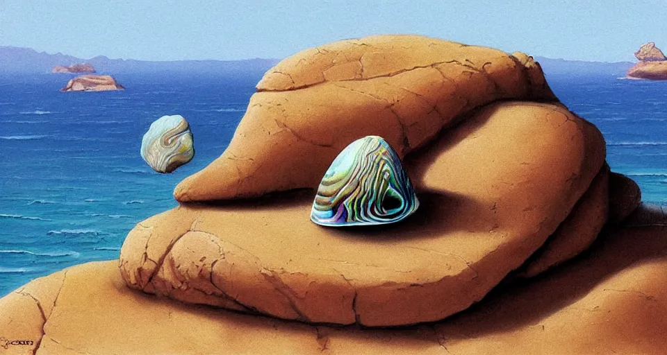 Image similar to oil painting of a tiny abalone seashell house on top of a rock, by roger dean, syd mead, cell shaded graphics, concept art, minimalist