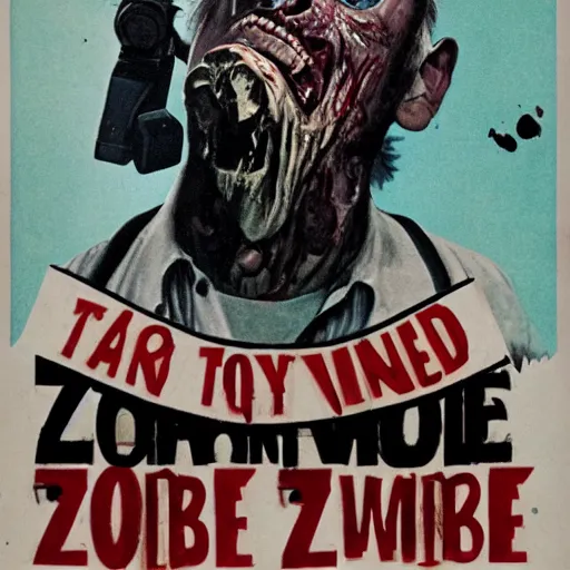 Image similar to old film poster zombie wearing vr, text reads zombie,!!!!!!!!! zombie!!!!!!!!!