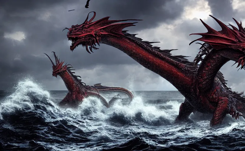 Image similar to a dragon with three heads emerging from the ocean during a storm, dramatic lighting, cinematic, high coherence, hyperrealistic, anatomically correct, path traced, highly detailed, high quality, 8 k hdr, octane render, unreal engine 5, trending on artstation, epic image, turbulent sea, concept art, digital art