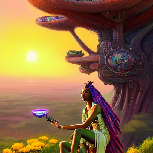 Prompt: an exotic african cyberpunk woman with colorful dreadlocks sitting on a cliff overlooking a field of colorful flowers with a giant glowing baobab tree in the middle, it is sunset, by greg rutkowski and android jones and Alena Aenami in a surreal cyberpunk! style, oil on canvas, highly detailed face, 8k hd,