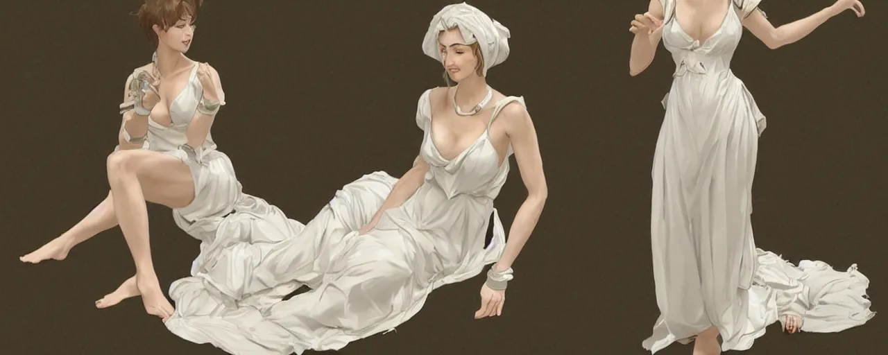 Image similar to character design, reference sheet, ancient white dress, relaxing, cute, young female, happy, beautiful, elegant, no shoes, open v chest clothes, long dark hair, concept art, photorealistic, hyperdetailed, 3d rendering! , art by Leyendecker! and constable,