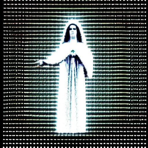 Image similar to vhs static overlay of marian apparition, vhs, 1 9 9 0, highly realistic, highly detailed, vhs noise static, black and white, vhs glitch