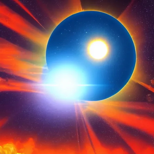 Image similar to orange and blue alien planet landscape with a solar eclipse in the sky, comic book picture