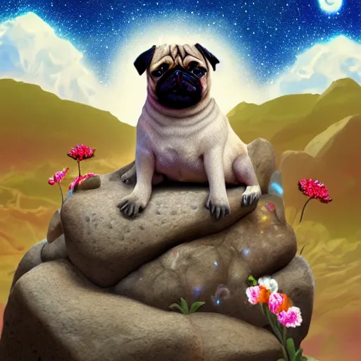 Prompt: an Pug sitting on a rock on Mars surrounded by flowers, with the sky full of stars, digital art, trending on artstation, HDR