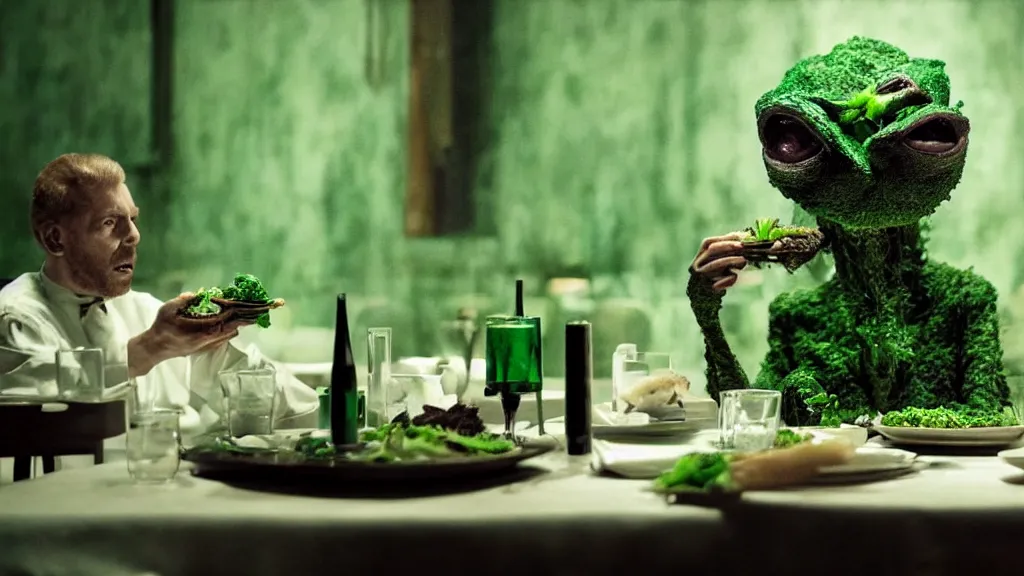 Prompt: the strange creature in the restaurant likes to eat, made of Chlorophyll and oil, film still from the movie directed by Denis Villeneuve with art direction by Salvador Dalí