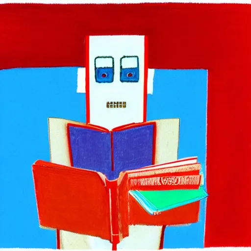 Image similar to a robot reading a book by david hockney