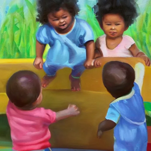 Image similar to an ethnically diverse group of toddlers. white. asian. hispanic. african. playing on a playground. oil on canvas exquisite. smooth. sharp focus. award winning. 8 k