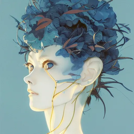 Image similar to prompt : ivory and blue portrait soft light painted by james jean and katsuhiro otomo and erik jones, inspired by evangeleon anime, smooth face feature, intricate oil painting, high detail illustration, sharp high detail, manga and anime 1 9 9 9