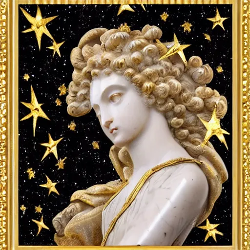 Prompt: baroque woman marble and gold in space, stars, clouds