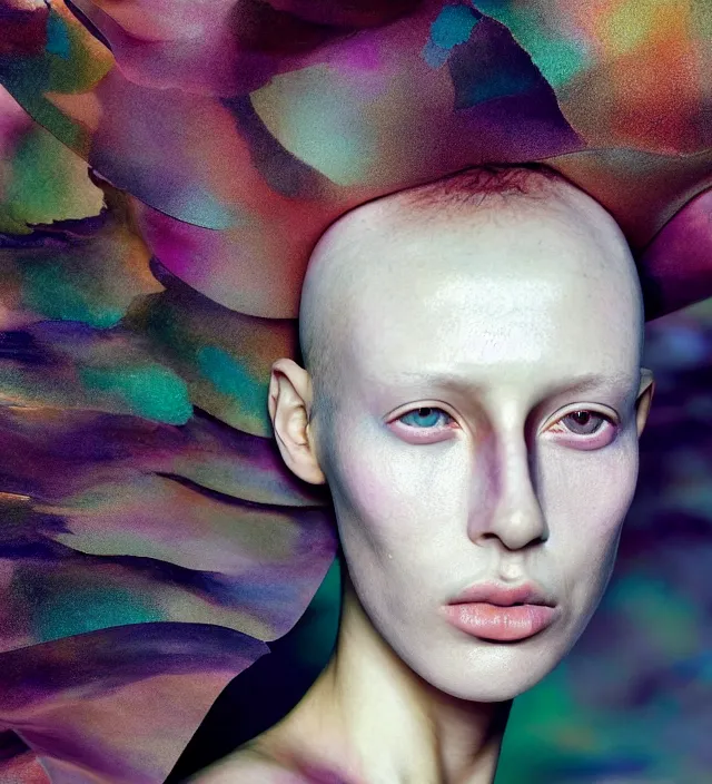 Image similar to photography facial portrait of female fashion model, wearing organic futurist clothed designed by iris van herpen, with a subtle colorfull - makeup. sky forest background, natural pose, highly detailed, skin grain detail, photography by paolo roversi, nick knight, helmut newton, avedon, araki