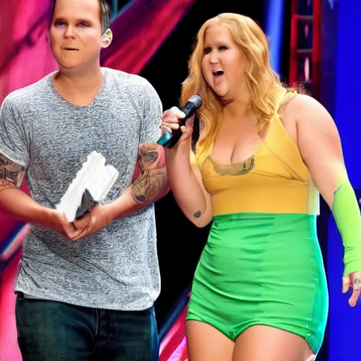 Prompt: amy schumer on stage with blink 182