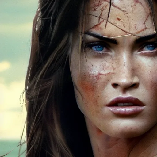 Image similar to an film still of megan fox as lara croft, emerged from river, focus on face
