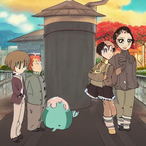 Prompt: Fall of capitalism, pigs with jackets, ghibli studio style, anime style