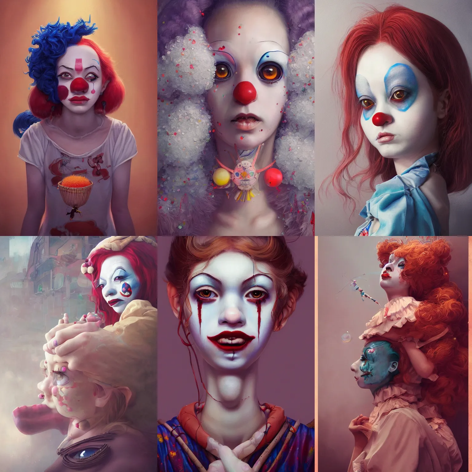 Image similar to breathtaking detailed painting of clown girl , with anxious, piercing eyes, Atari game cover art by Hsiao-Ron Cheng, James jean, Miho Hirano, Hayao Miyazaki, extremely moody lighting, hyperrealistic, octane render, RPG portrait, ambient light, dynamic lighting