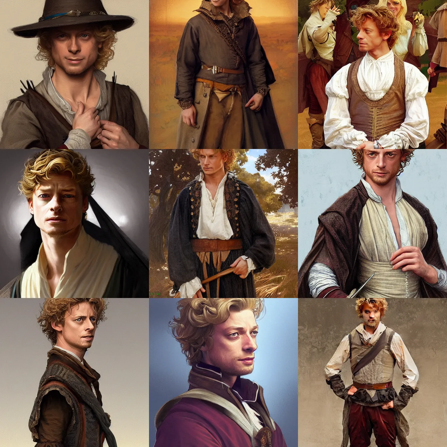 Image similar to a young man wearing 16th century clothes, sly expression, blonde, young simon baker, D&D, fantasy, portrait, highly detailed, digital painting, artstation, concept art, sharp focus, illustration, art by artgerm and greg rutkowski and alphonse mucha