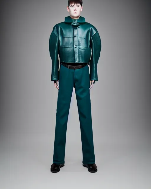 Prompt: an award - winning photo of a teal cropped extremely baggy ancient medieval designer menswear leather jacket with an oversized collar and bootcut trousers designed by alexander mcqueen, 4 k, studio lighting, wide angle lens