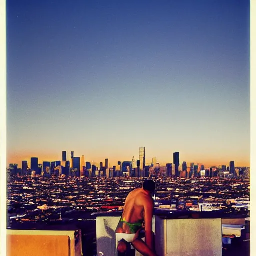 Prompt: ryan mcginley photograph, leica s, kodachrome, rooftop, los angeles, moon, downtown, echo park, lake, swans, landscape, cigarette