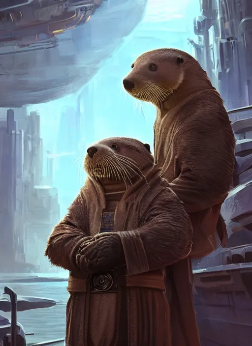 Prompt: portrait, anthropomorphic otter fursona wearing Jedi robes in a futuristic river town. Dramatic lighting, cinematic, establishing shot, extremely high detail, photo realistic, post processed, artstation, matte painting, style by eddie mendoza, raphael lacoste, alex ross